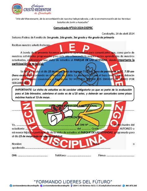 Comunicado Visita DE Estudios 1ER 2DO 3ER 4TO Grado Primaria Año