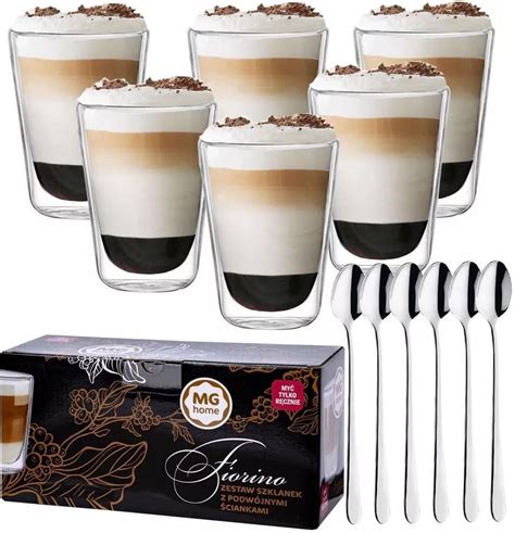 MG Home Szklanki Termiczne Do Kawy 300ml Latte Zestaw Z Łyżeczkami 6szt