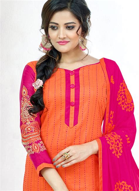 Buy Orange Embroidered Work Cotton Churidar Suit 72429
