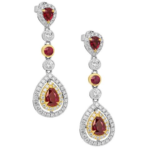 Ruby Diamond Two Color Gold Double Halo Dangle Drop Earrings At 1stdibs