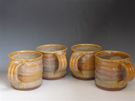 Hand Thrown Stoneware Pottery Mugs Set Of 4