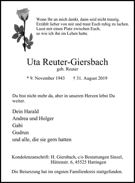 Traueranzeigen Von Uta Reuter Giersbach Trauer In Nrw De