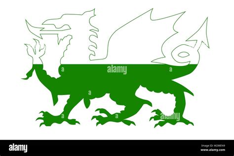 The Welsh Dragon In Outline Set Over A White Background With Flag Stock