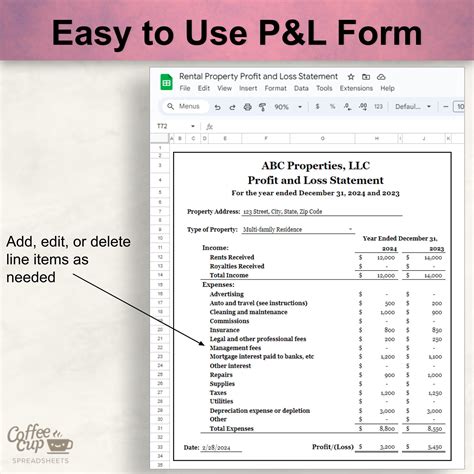 Rental Property Profit and Loss Statement Google Sheet and Excel ...