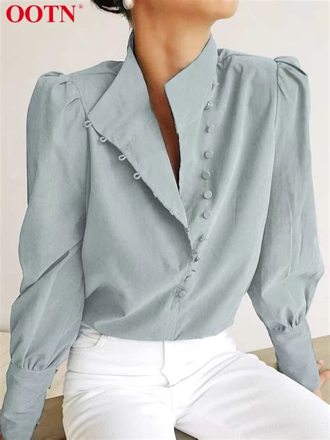 Ootn Elegant Turtleneck Blouse Long Sleeve White Shirts Office Tops