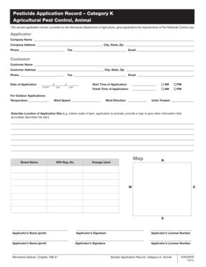 Fillable Online Mda State Mn Pesticide Application Record Category K