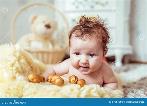 Naked Baby Lying On Blanket Stock Photo Image Of Healthy Person