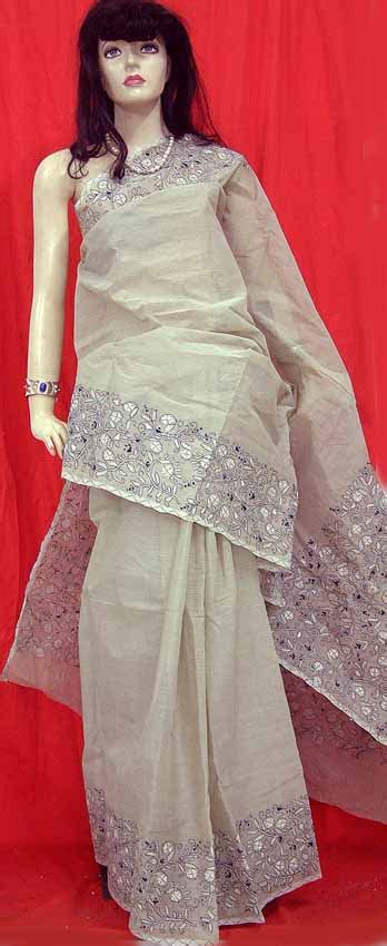 Light Grey Kantha Stitch Sari Exotic India Art