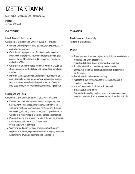 Biostatistician Senior Resume Samples | Velvet Jobs