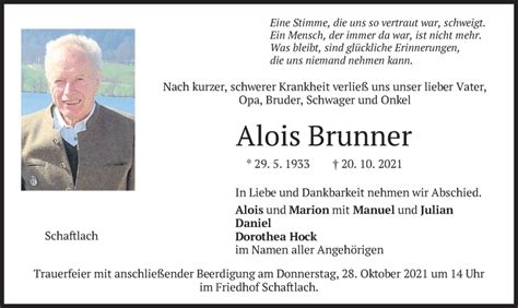 Traueranzeigen Von Alois Brenner Trauer Merkur De