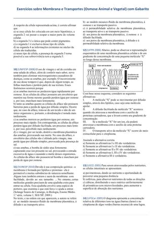 Exercícios sobre membrana e transportes osmose animal e vegetal PDF