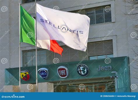 Stellantis Corporation Flag at Italian Headquarters after Merging between Groupe PSA and FCA ...