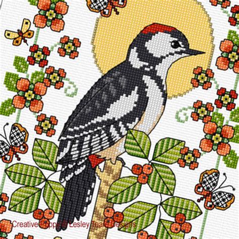 Lesley Teare Designs Woodpecker With Flowers Cross Stitch Pattern