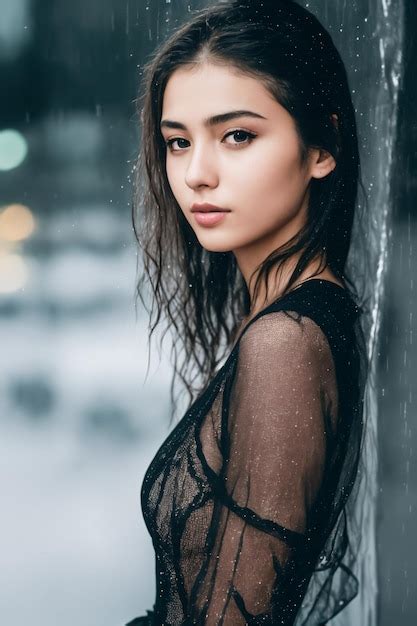 Premium Photo A Woman In A Black Dress Stands In The Rain With Her