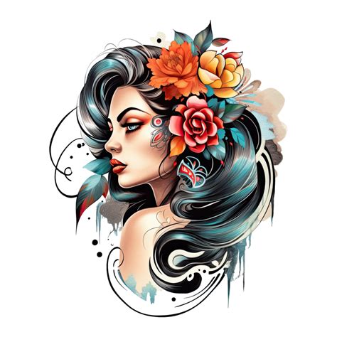 Tattoo Style Portrait Of Chicano Girl Mexican Woman With Flowers Art Isolated Ai Generative