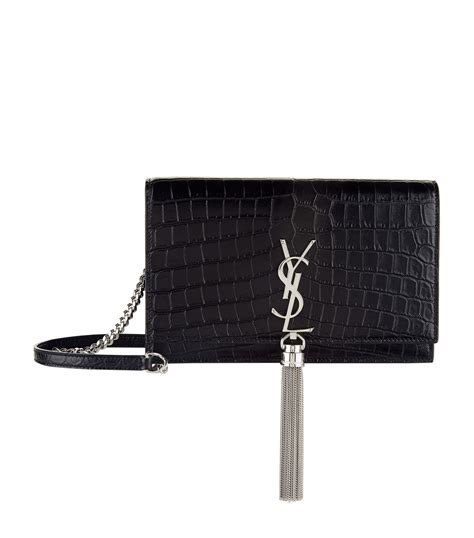 Womens Saint Laurent Black Kate Tassel Croc Embossed Chain Wallet