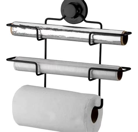 Suporte Papel Toalha Aluminio Filme Pvc Ventosa Cor Preto