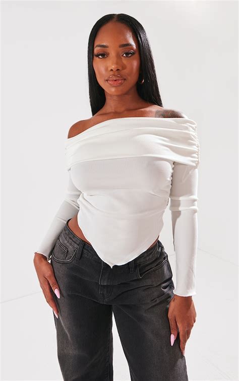 Shape White Rib Bardot Ruched Side Longline Top Shape Prettylittlething Aus