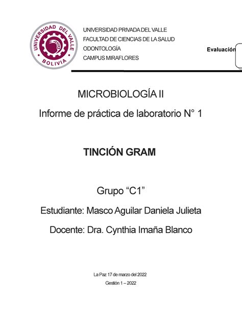 Ínforme Práctica De Laboratorio Tinción Gram Y Su Procedimiento Microbiología Ii Universidad