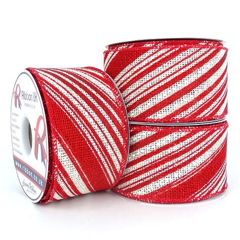 Candy Stripe Wired Burlap Christmas Ribbon 63mm X 10 Yards Ribbon Uk