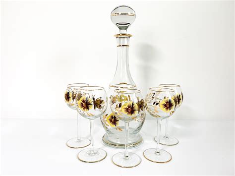 Vintage Hand Painted 6 Piece Decanter Set Pansy Flowers Butterflies Retro Liquor Wine 5