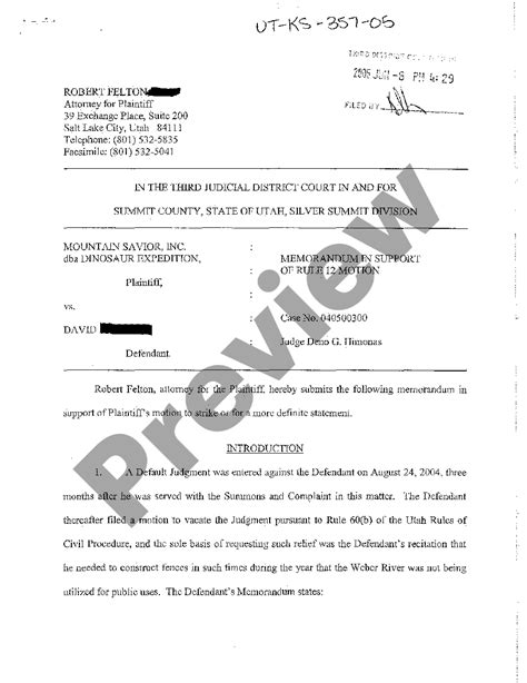 Utah Memorandum In Support Of Motion To Dismiss And For More Definite