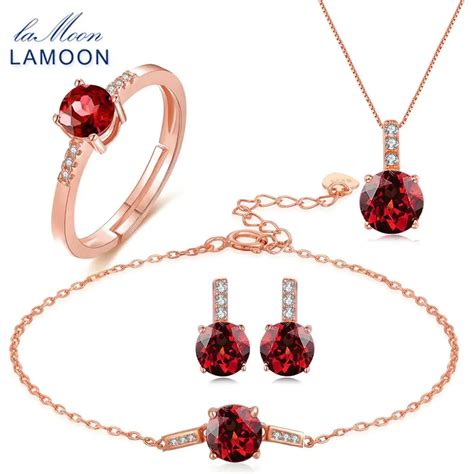 Lamoon S925 Sterling Silver Jewelry Sets For Women 2ct Natural Red