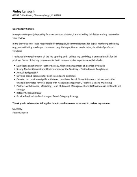 Sales Account Director Cover Letter Velvet Jobs