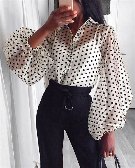 Women Mesh Sheer Polka Dot Blouse Fashion See Through Lantern Sleeve