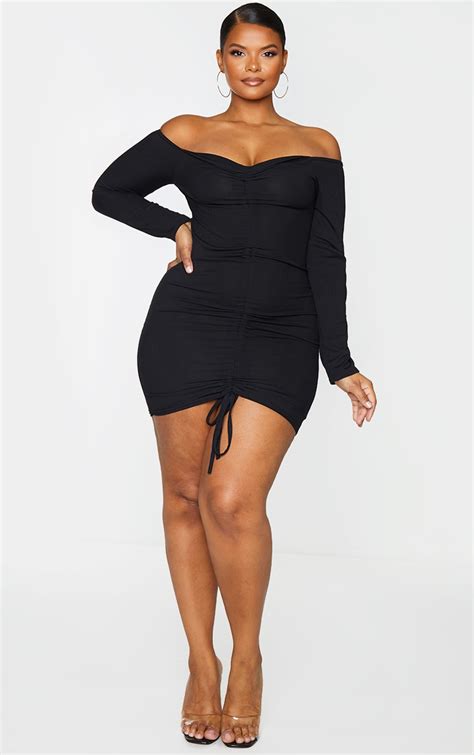 Plus Black Rib Long Sleeve Bardot Bodycon Dress Plus Size