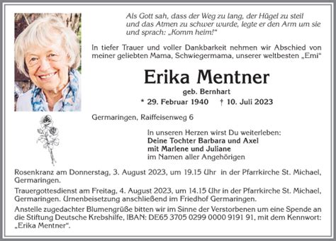 Traueranzeigen Von Erika Mentner Allg Uer Zeitung