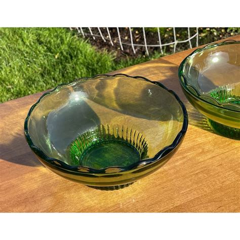 Vintage Green Glass Bowl Scalloped Edge Ribbed Pedestal By Etsy