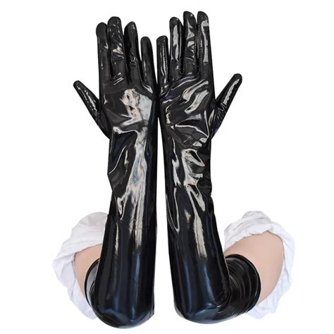 Adult Sexy Long Black Latex Gloves Metallic Wet Look Faux Leather Gloves Clubwear Dance Catsuit