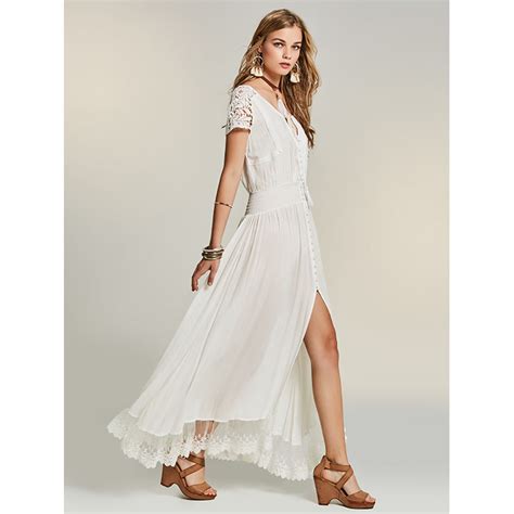 Womens Elegant White V Neck Short Sleeve Split Maxi Dress N14525