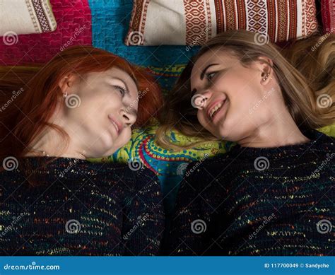 Girlfriends Spend Time Together Two Pretty Lesbians Girlfriends Kissing And Hugging In A Cozy