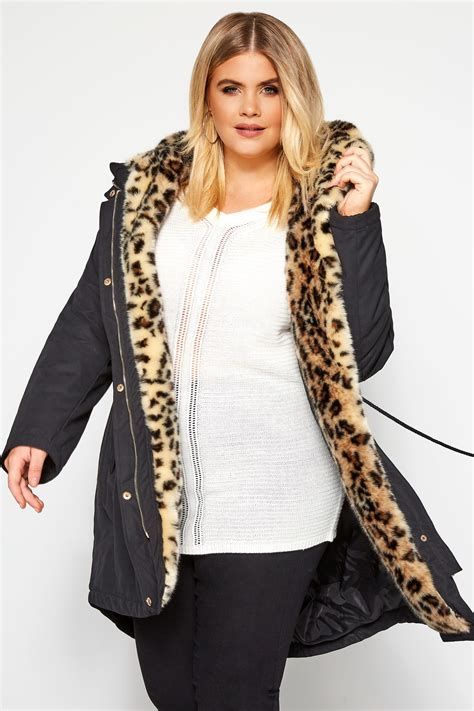 Black Parka Coat With Animal Print Faux Fur Plus Size 16 To 36 Yours