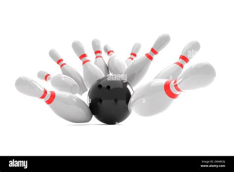 Bowling Action Ball Strikes The Bowling Pins On White Background 3d