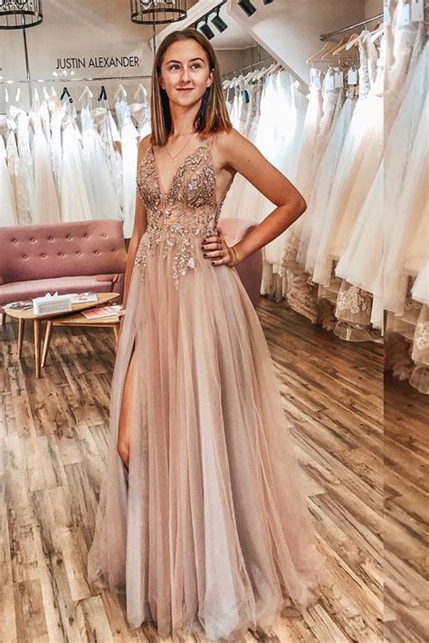 A Line V Neck Champagne Tulle Long Prom Dress V Neck Champagne Formal