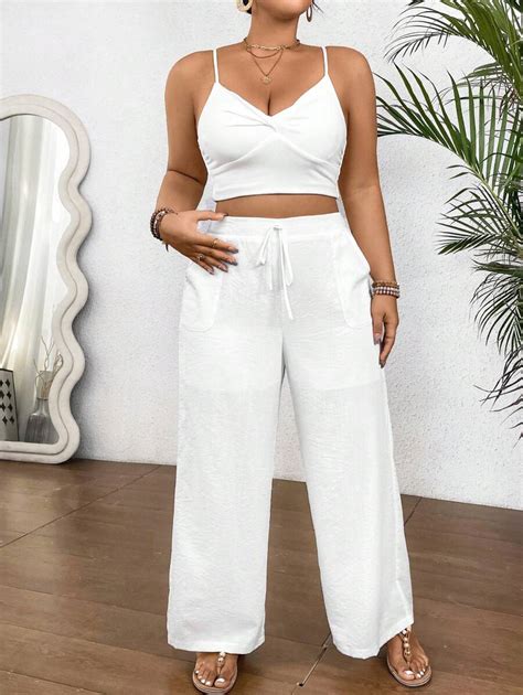 Shein Holidaya Plus Size Solid Color Self Tied Pants With Pockets For