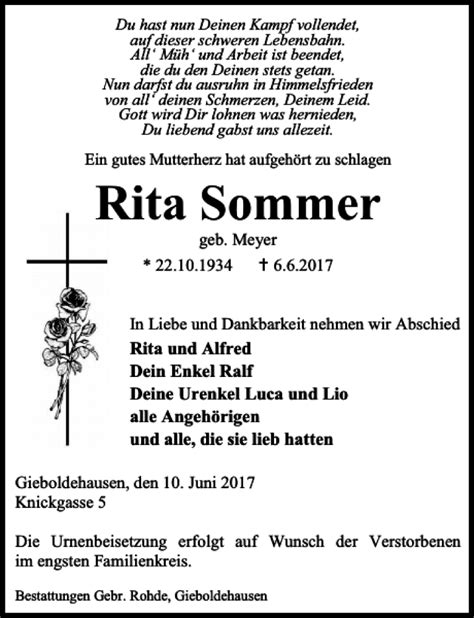 Traueranzeigen Von Rita Sommer Trauer Anzeigen De