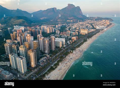 Aerial View Of Barra Da Tijuca Beach With Condos And Mountains In The