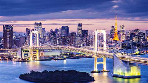 Tokyo, Japan, beautiful city night, skyscrapers, bay, bridge ...