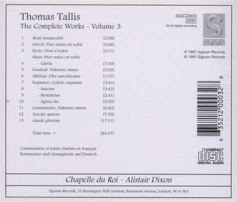 Tallis Complete Works Vol 3 Dixon Chapelle Du Roi Chapelle Du Roi