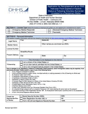 Fillable Online Dhhs Ne Application For Reinstatement As An Ems