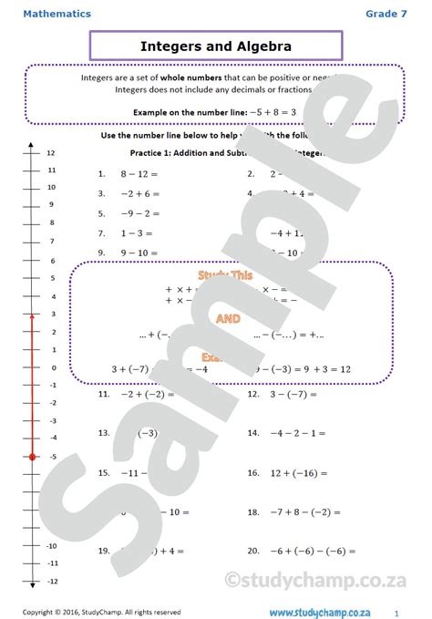 Grade 7 Mathematics Worksheet Integers And Algebra