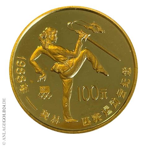 100 Yuan Gold Gedenkmünze Olympiade Schwerttänzerin 1988 PP