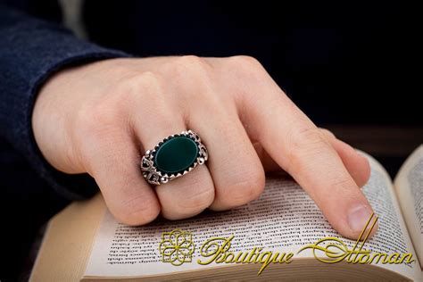 One Of A Kind Green Aqeeq Silver Ring No Boutique Ottoman Exclusive