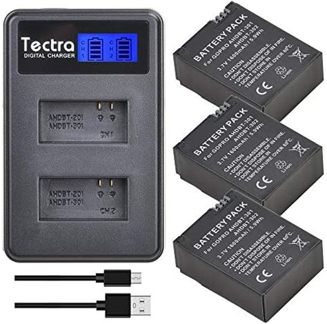 Tectra 3Pcs AHDBT 301 Hero3 Replacement Battery LCD Display Dual USB