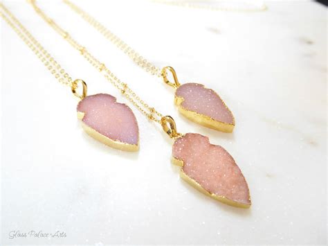 Pink Peach Druzy Pendant Necklace For Women 14k Gold Fill Chain Glass Palace Arts