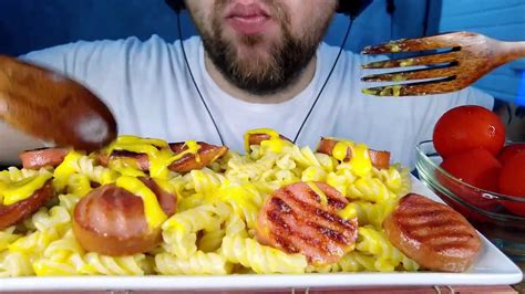 ASMR CHEESE NOODLES MACARONI FRIED KIELBASA SAUSAGES MUKBANG EATING